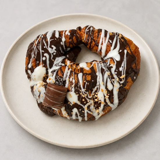 Croissant Relleno de Kinder con Cobertura de Chocolate Blanco, Chocolate Negro y Almendra Crocanti