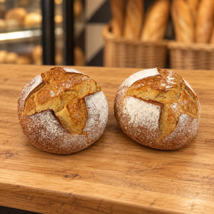Dos panes Pagès Rombo artesanales sobre madera