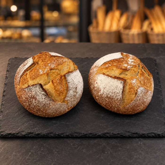 Dos panes Pagès Rombo artesanales sobre pizarra