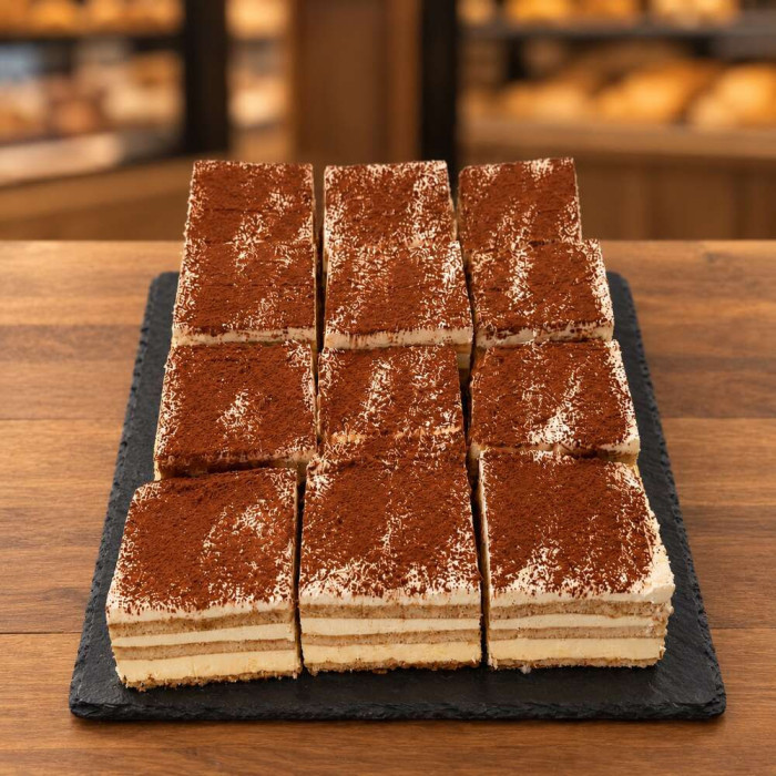 Nueve porciones de tiramisú artesanal sobre pizarra