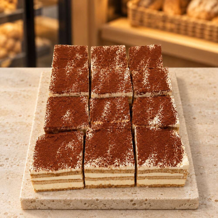 Nueve porciones de tiramisú artesanal sobre piedra clara