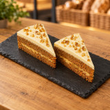 Dos porciones de tarta de zanahoria sobre pizarra