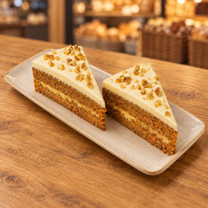 Dos porciones de tarta de zanahoria sobre madera