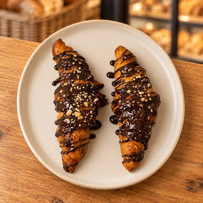 Dos cruasanes argentinos de Nutella sobre madera