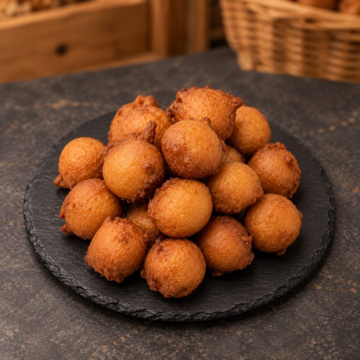 Dieciséis buñuelos artesanales sobre pizarra