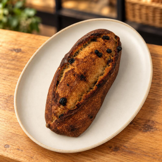 Pan de pasas y nueces sobre madera