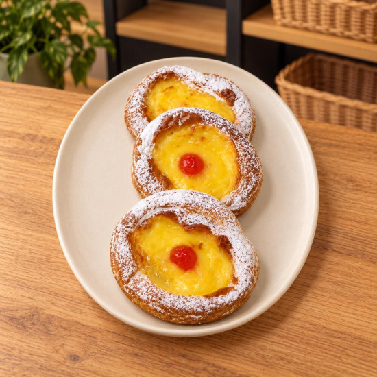 Ensaimadas de crema pastelera sobre madera