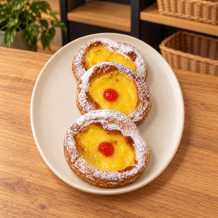 Ensaimadas de crema pastelera sobre madera