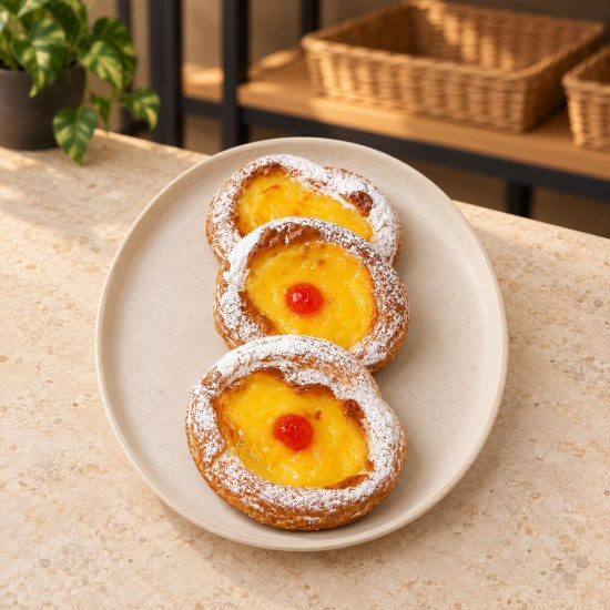 Ensaimadas de crema pastelera sobre piedra clara