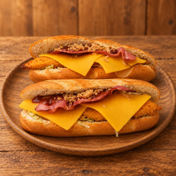 Bocadillo de pollo crujiente sobre madera