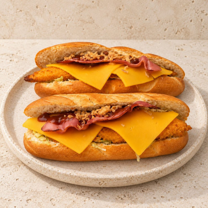 Bocadillo de pollo crujiente sobre piedra clara