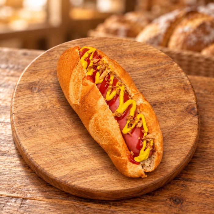 Bocadillo Frankfurt con cebolla crujiente sobre madera | Tu Obrador Tarragona